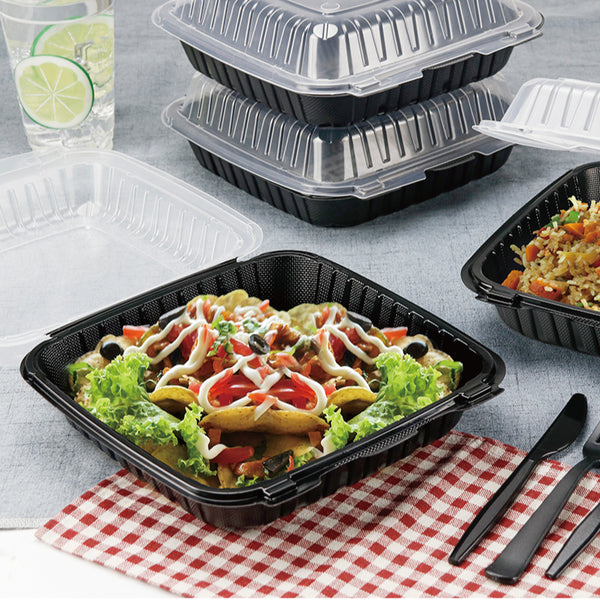 9"x9" 50 oz. 1-Compartment Black Plastic Hinged Take-Out Container - 150/Case