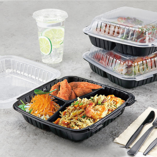 9"x9" 38 oz. 3-Compartment Black Plastic Hinged Take-Out Container - 150/Case