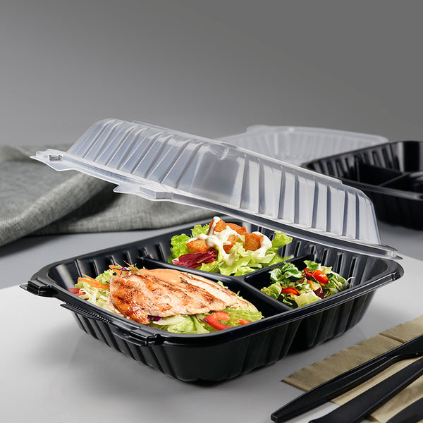 8"x8" 31 oz. 3-Compartment Black Plastic Hinged Take-Out Container - 150/Case