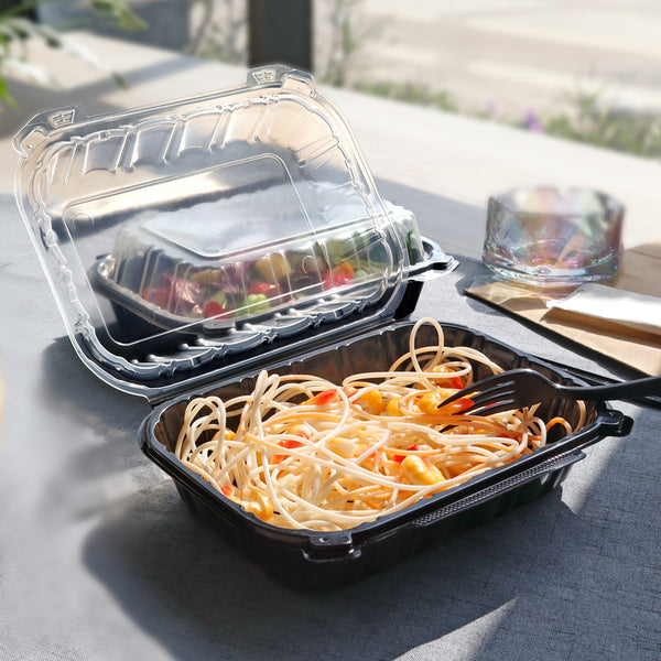 9"x7" 38 oz. 1-Compartment Black Plastic Hinged Take-Out Container - 100/Case