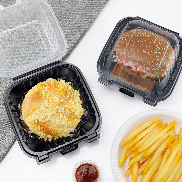 6"x6" 18 oz. 1-Compartment Black Plastic Hinged Take-Out Container - 250/Case