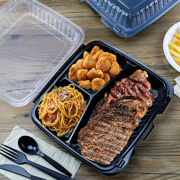 10.5"x9.5" 37 oz. 3-Compartment Black Plastic Hinged Take-Out Container - 150/Case