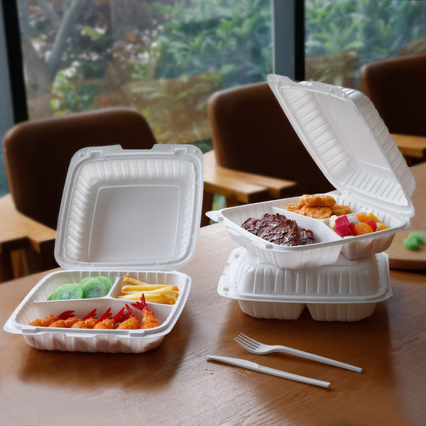 9"x9" 34 oz. 3-Compartment White Mineral-Filled Plastic Hinged Take-Out Container - 150/Case