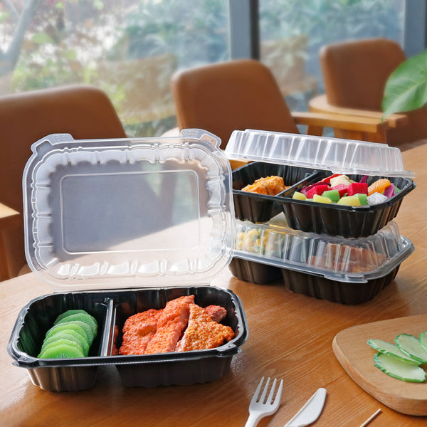 9"x7" 28 oz. 2-Compartment Black Plastic Hinged Take-Out Container - 100/Case