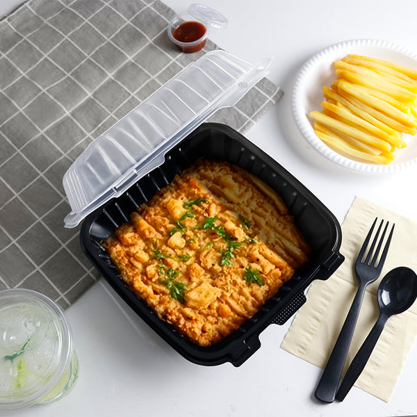 8"x8" 39 oz. 1-Compartment Black Plastic Hinged Take-Out Container - 150/Case