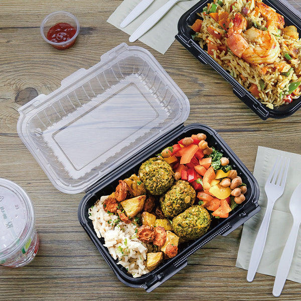 9"x6" 27 oz. 1-Compartment Black Plastic Hinged Take-Out Container - 150/Case