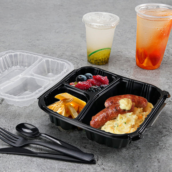 8"x8.3" 28 oz. 3-Compartment Black Plastic Hinged Take-Out Container with 3-Compartment Lid - 100/Case