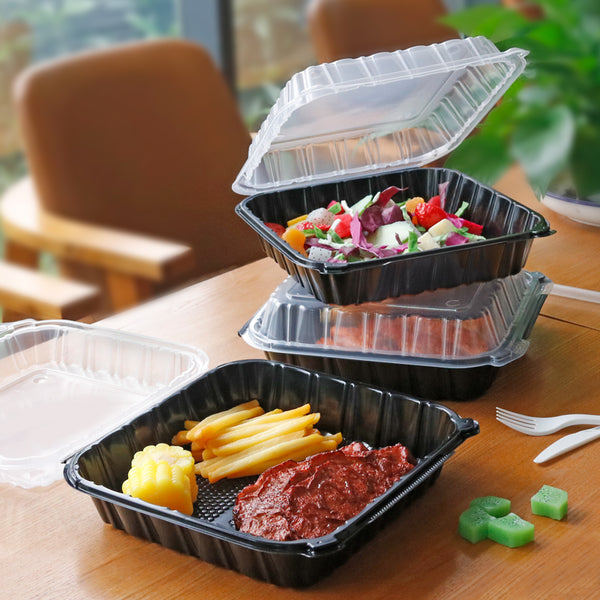 9.2"x9.5" 56 oz. 1-Compartment Black Plastic Hinged Take-Out Container - 100/Case