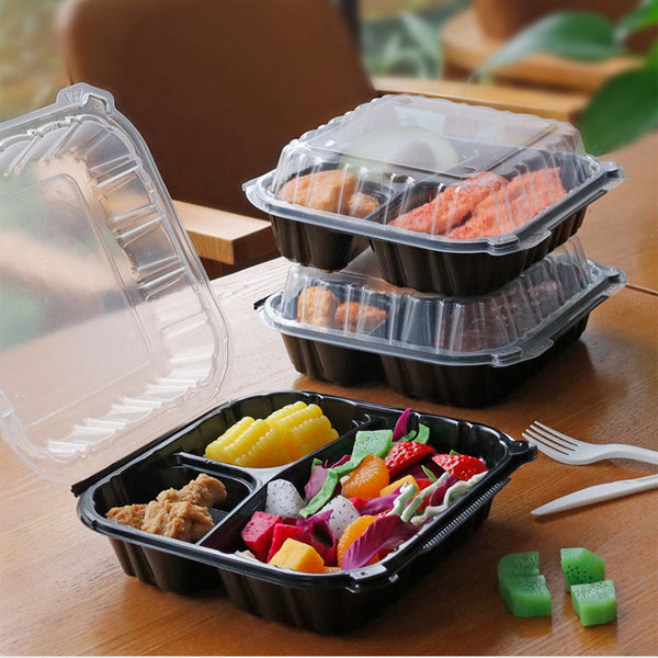 8"x8.3" 28 oz. 3-Compartment Black Plastic Hinged Take-Out Container - 100/Case