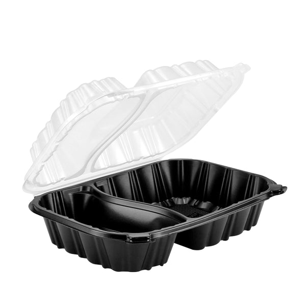 9"x7" 32 oz. 2-Compartment Black Plastic Hinged Take-Out Container with 2-Compartment Lid - 100/Case