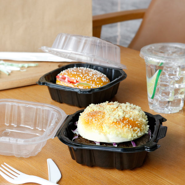 6"x6" 16 oz. 1-Compartment Black Plastic Hinged Take-Out Container - 250/Case