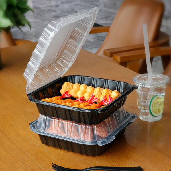 8"x8.3" 40 oz. 1-Compartment Black Plastic Hinged Take-Out Container - 100/Case