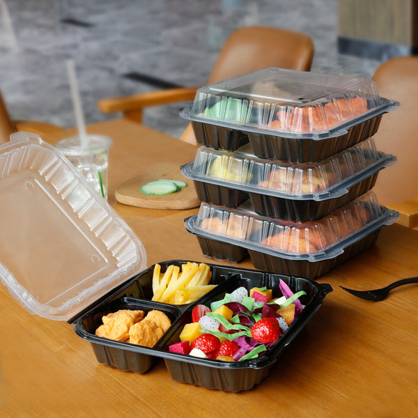 9.2"x9.5" 40 oz. 3-Compartment Black Plastic Hinged Take-Out Container - 100/Case