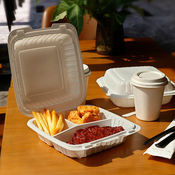 7.5"x7.5" 18 oz. 3-Compartment White Mineral-Filled Plastic Hinged Take-Out Container - 150/Case